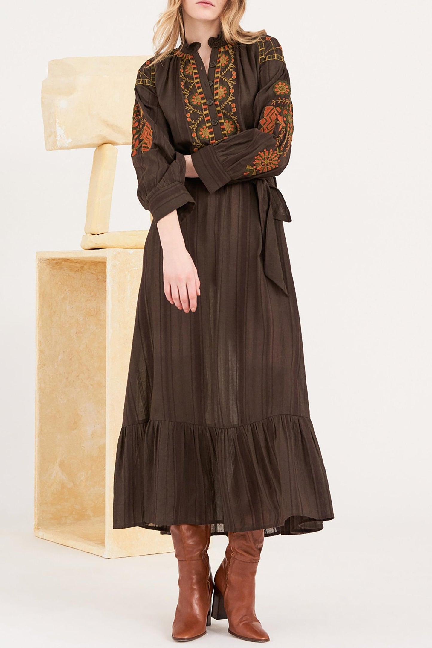 Cami Embroidered Maxi Dress - Brown