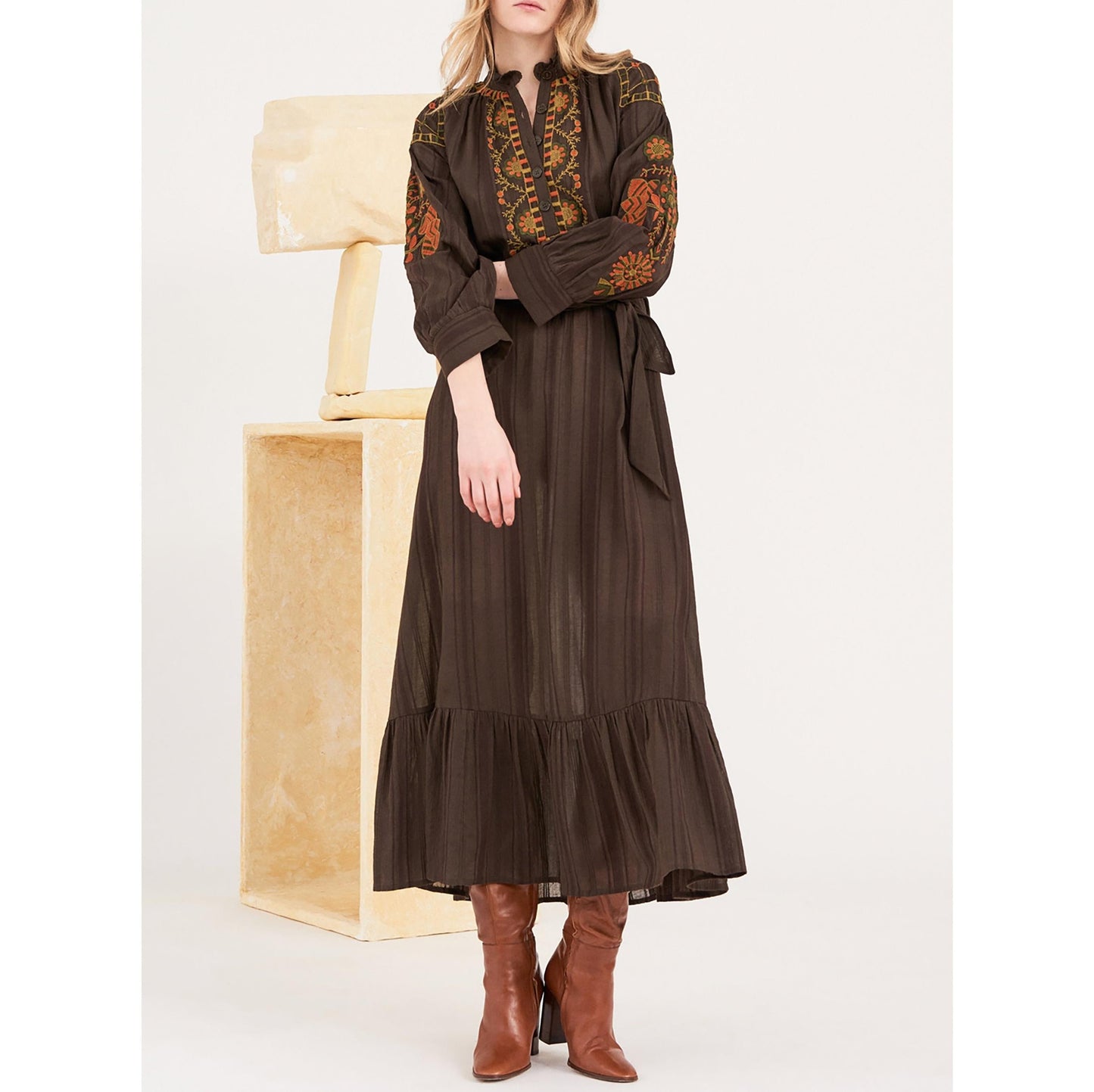 Cami Embroidered Maxi Dress - Brown