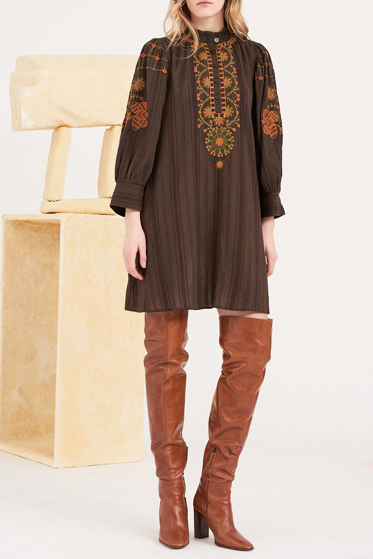 Cami Embroidered Midi Dress - Brown
