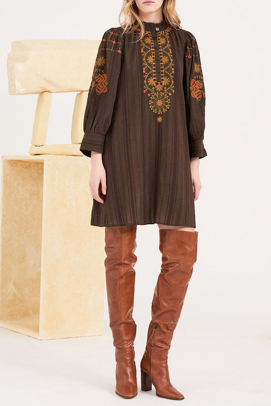 Cami Embroidered Midi Dress - Brown