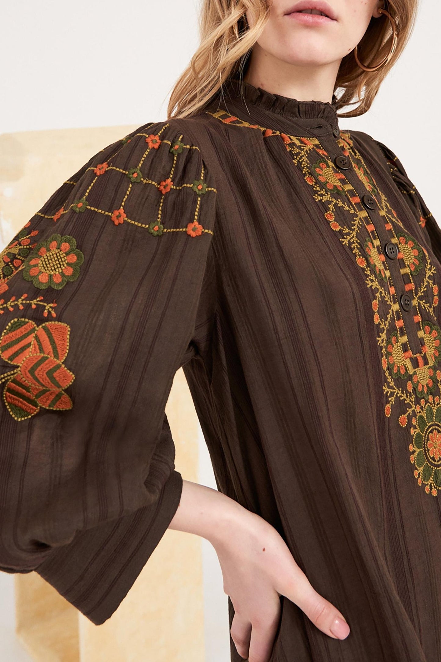 Cami Embroidered Midi Dress - Brown