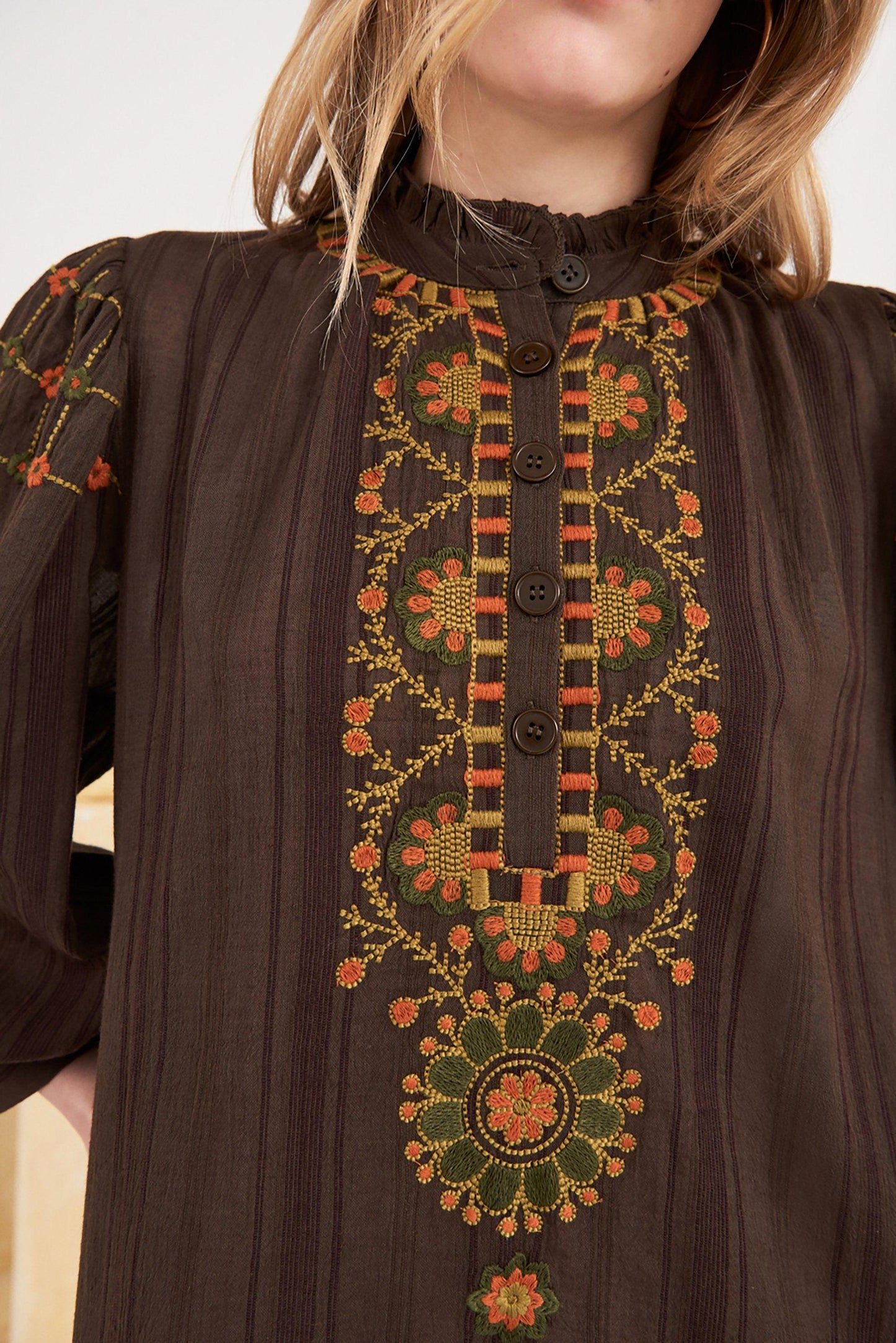 Cami Embroidered Midi Dress - Brown