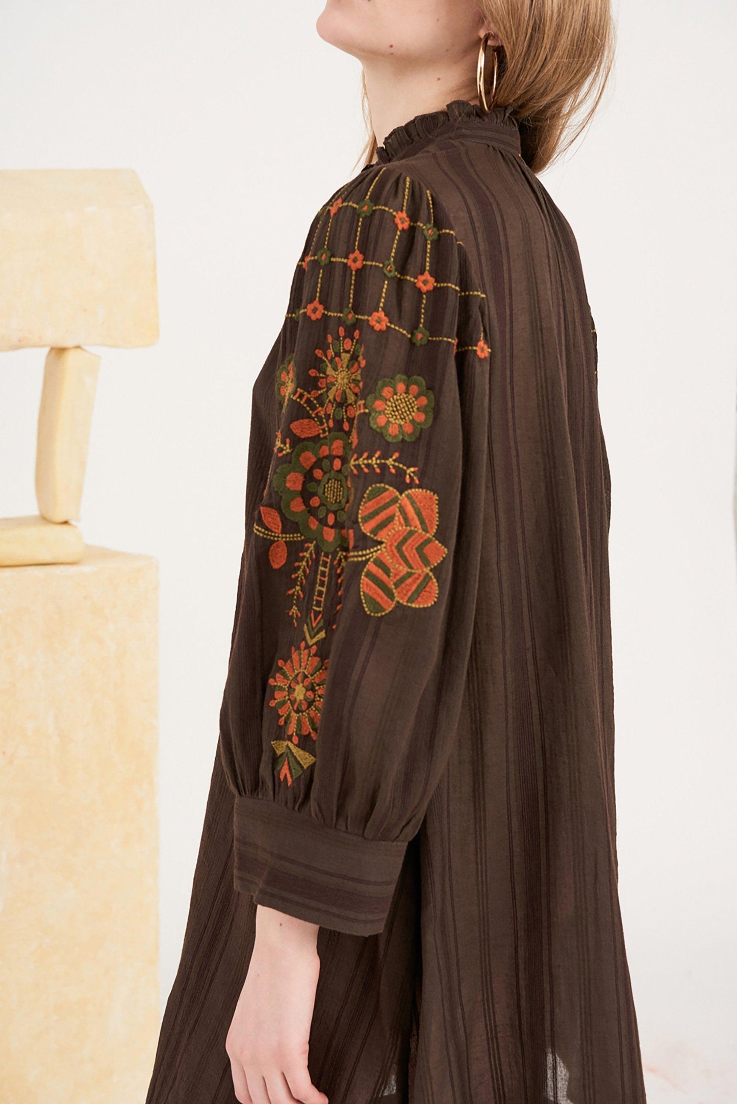 Cami Embroidered Midi Dress - Brown