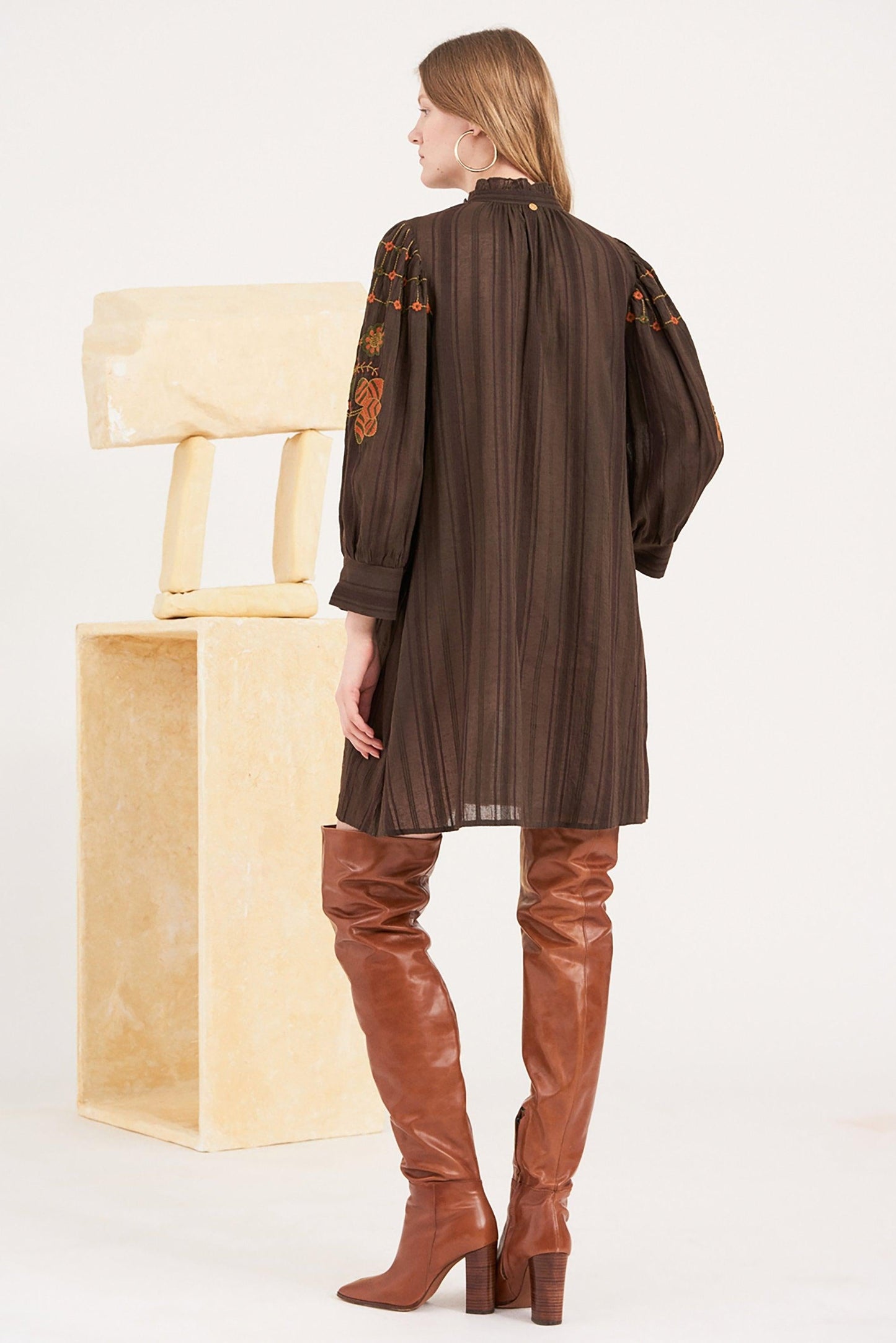 Cami Embroidered Midi Dress - Brown