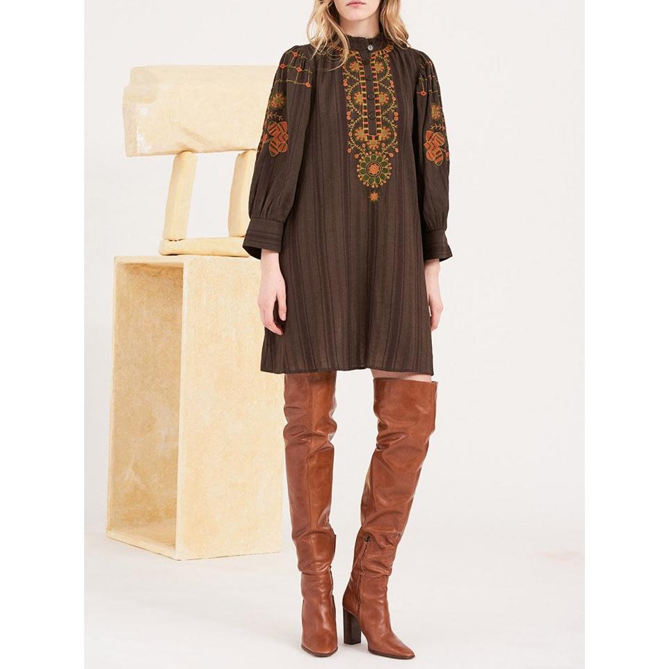 Cami Embroidered Midi Dress - Brown