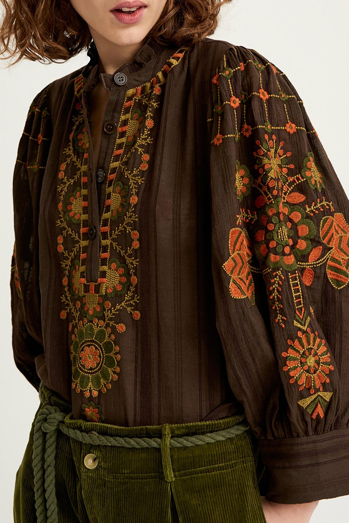 Cami Embroidered Blouse - Brown