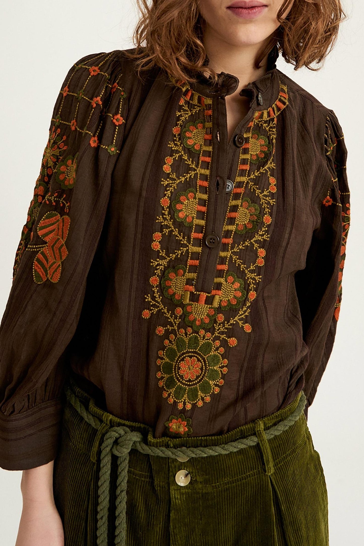 Cami Embroidered Blouse - Brown