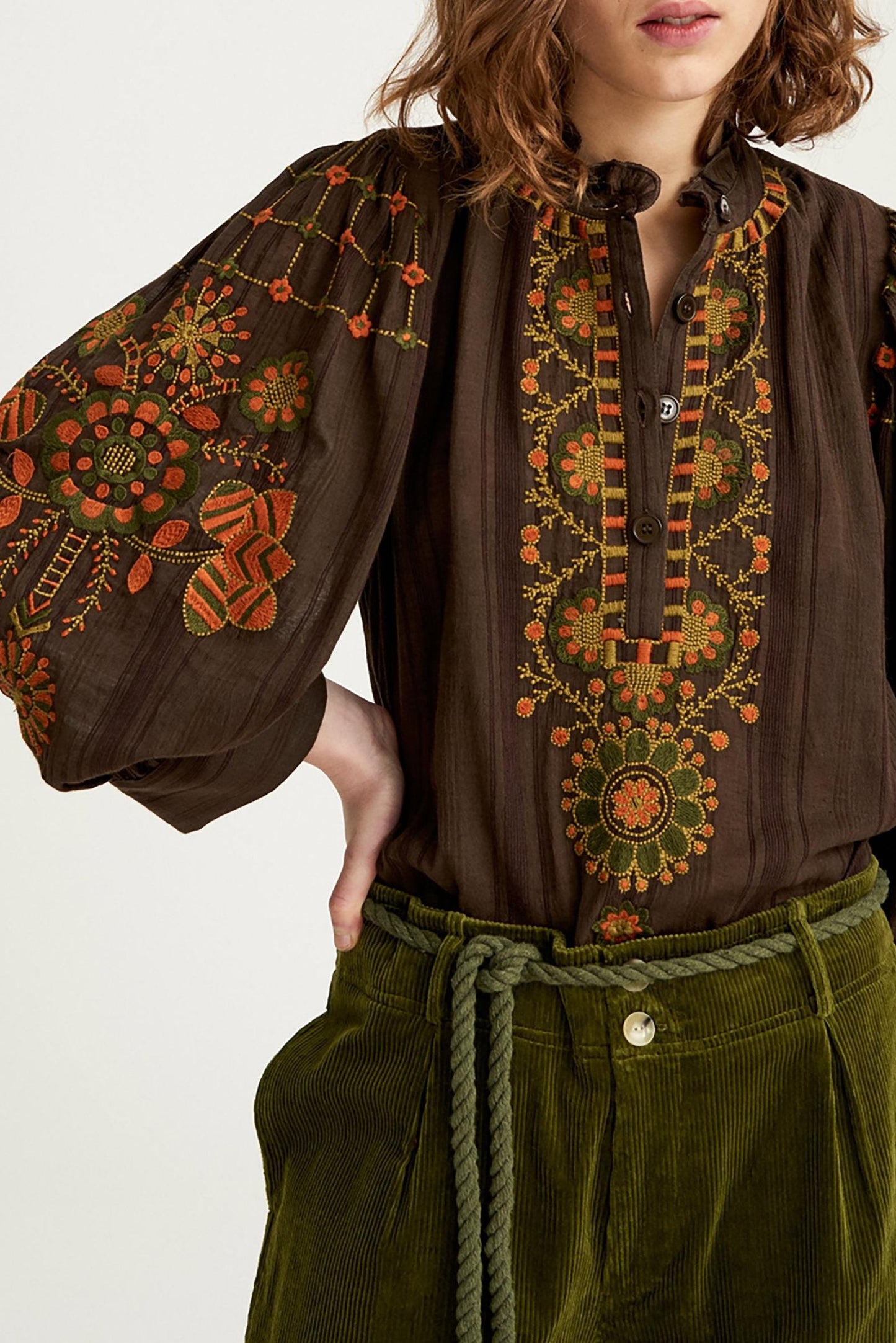 Cami Embroidered Blouse - Brown