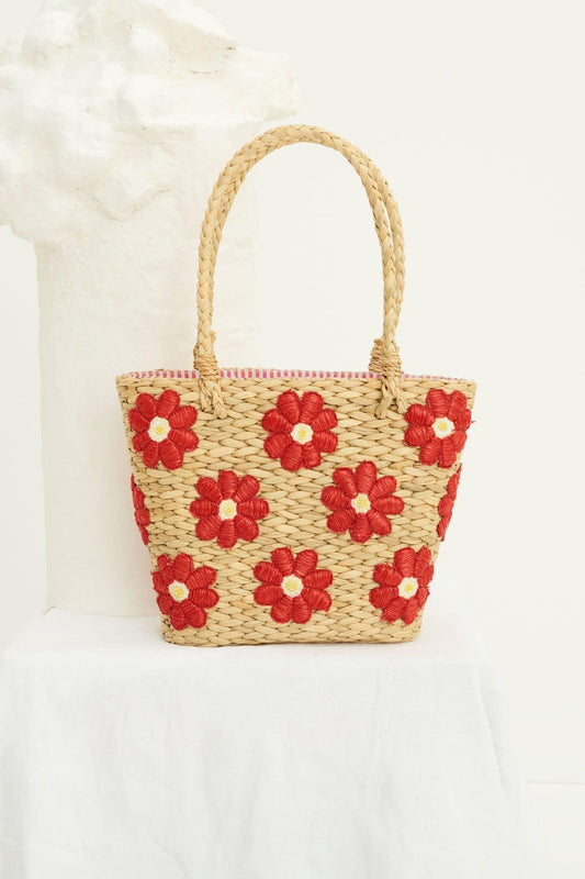 Yuke Straw Small Tote Bag - Red