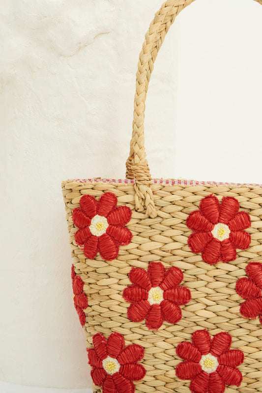 Yuke Straw Small Tote Bag - Red