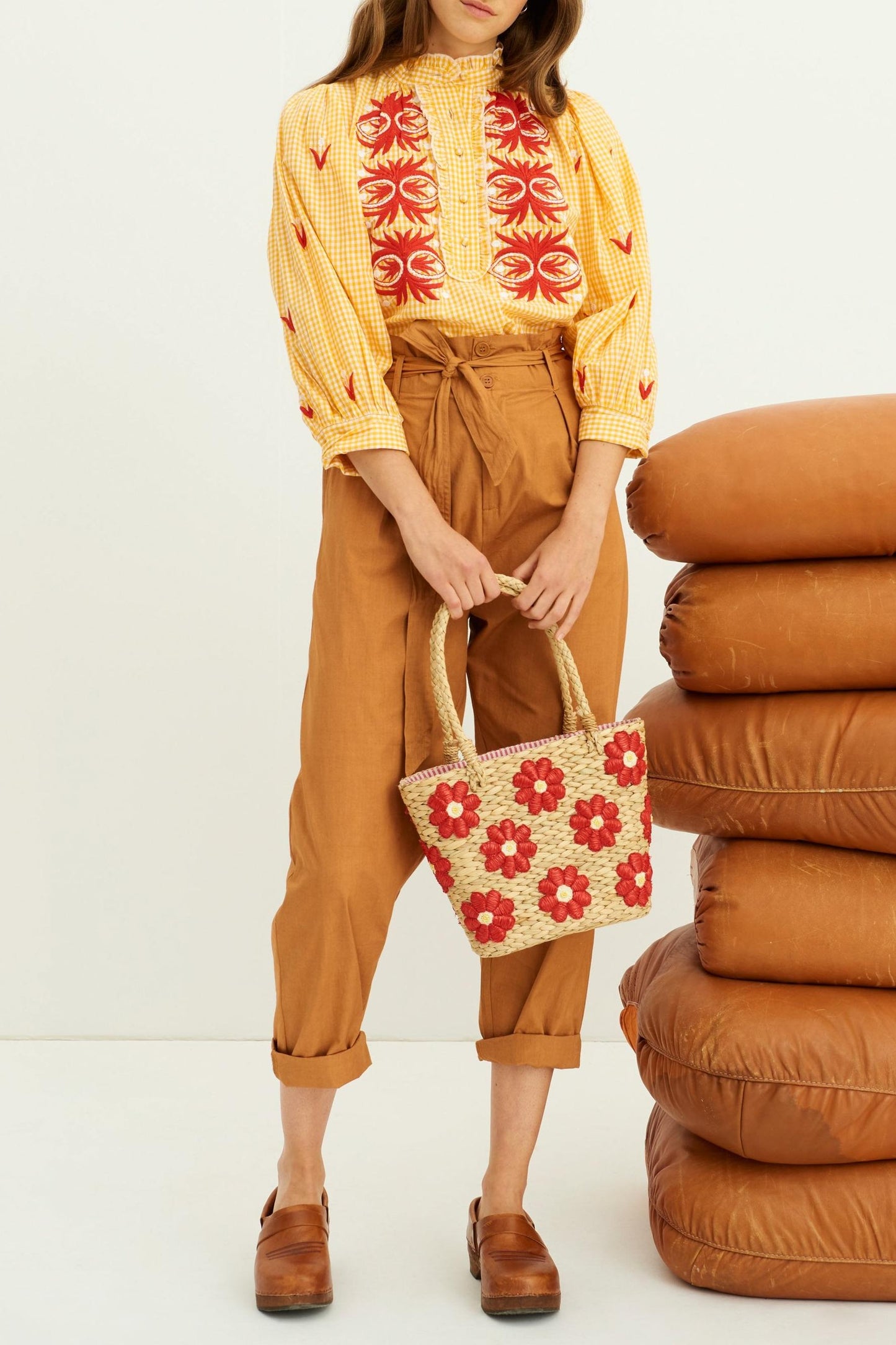 Yuke Straw Small Tote Bag - Red