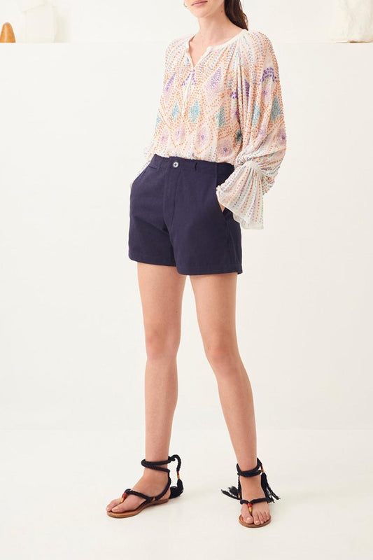 Ronan High-Waisted Cotton Shorts - Navy Blue