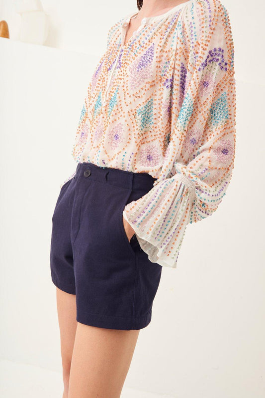 Ronan High-Waisted Cotton Shorts - Navy Blue