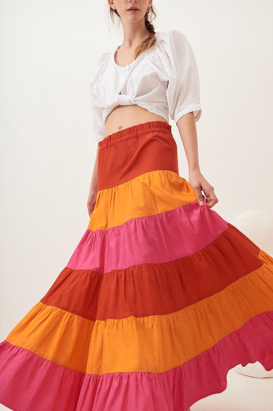 Popy Ruffled Maxi Skirt - Pink & Orange