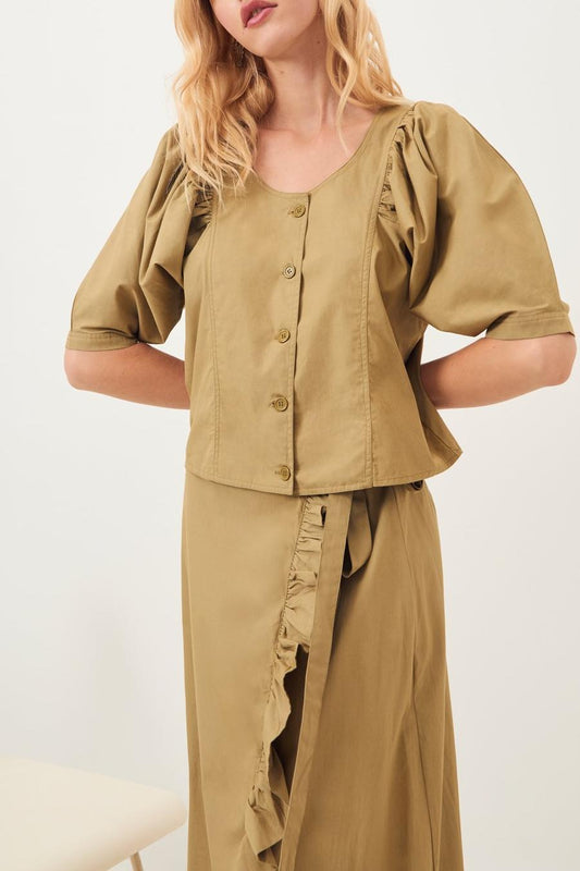 Popy Puff-Sleeve Blouse - Khaki