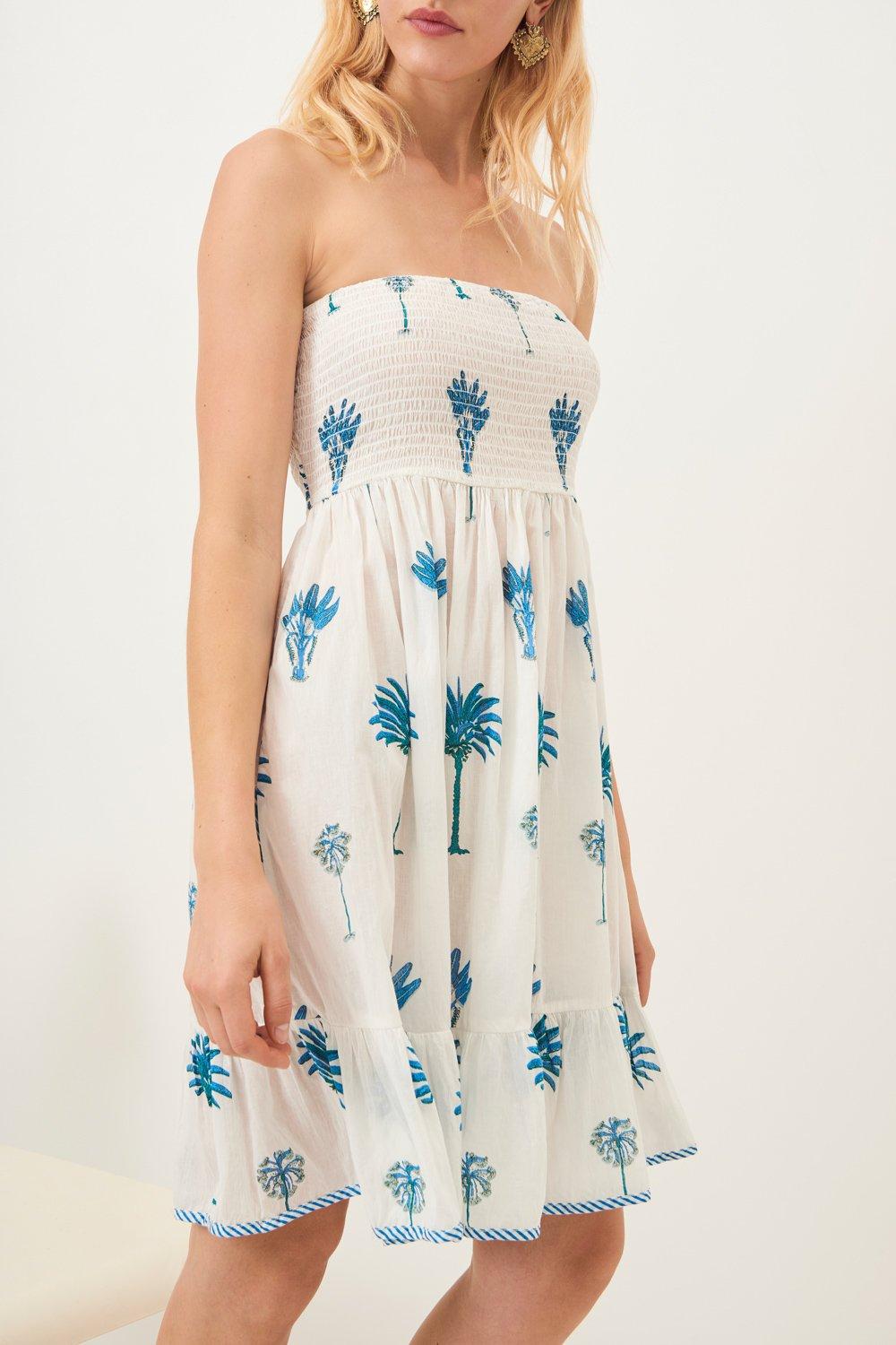 Palmy Flowing Strapless Dress - Blue