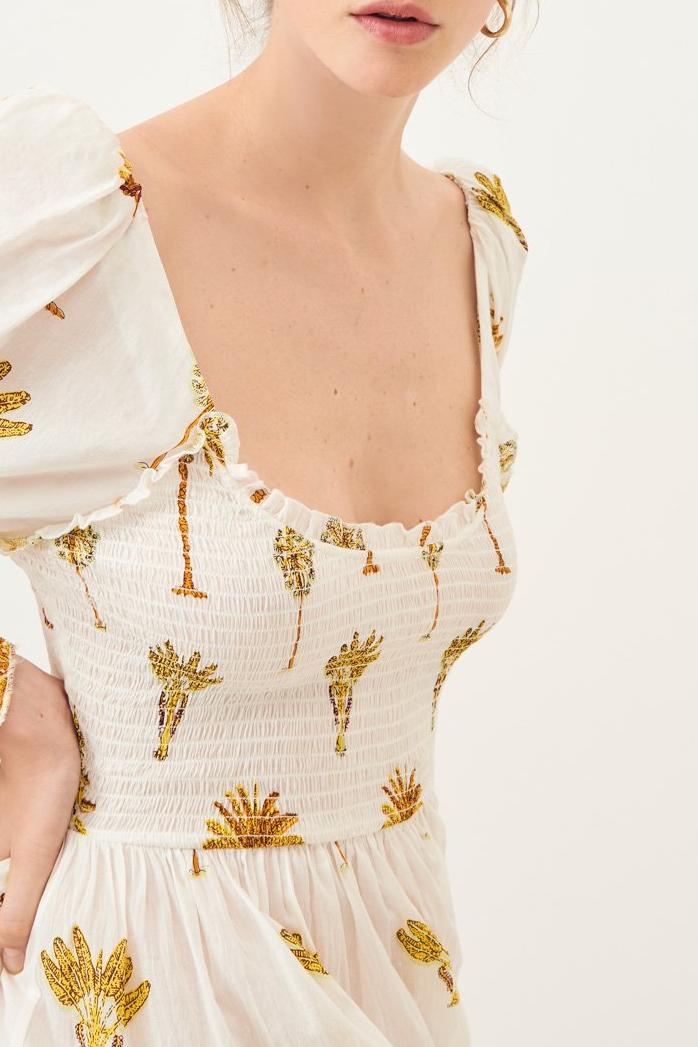 Palmy Puffed Sleeve Flowing Dress - Yellow