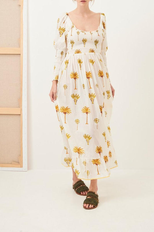 Palmy Puffed Sleeve Flowing Dress - Yellow