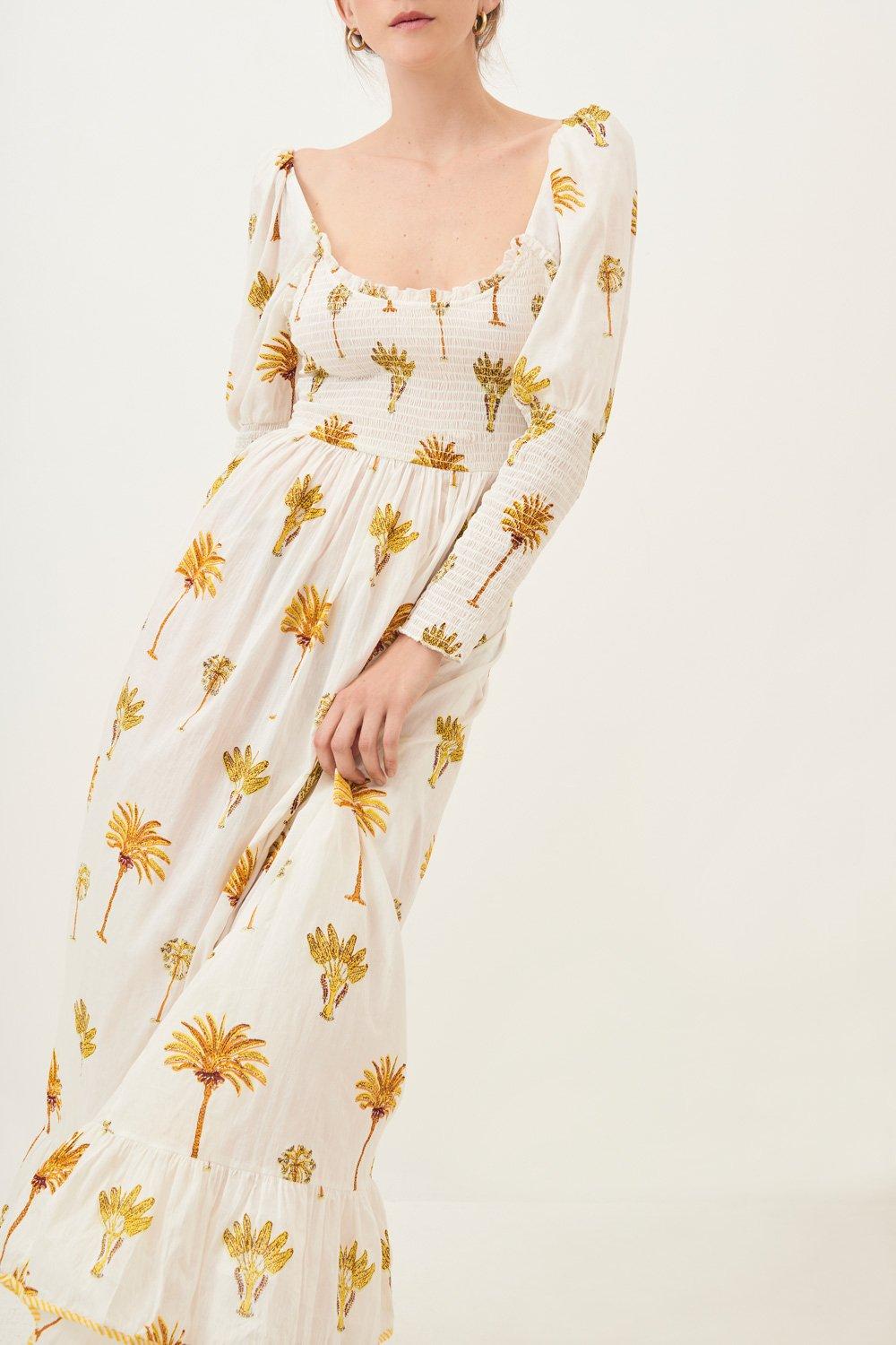 Palmy Puffed Sleeve Flowing Dress - Yellow