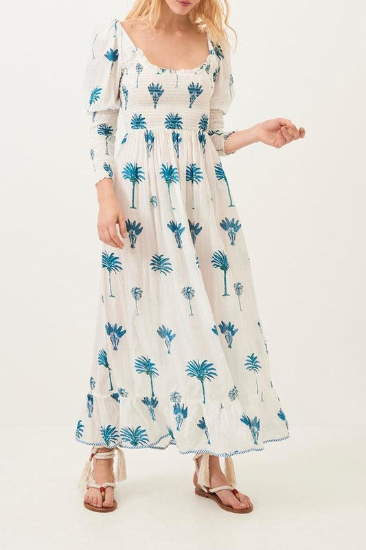 Palmy Puffed Sleeve Flowing Dress - Blue
