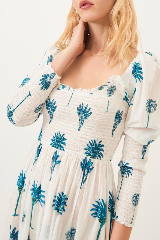 Palmy Puffed Sleeve Flowing Dress - Blue
