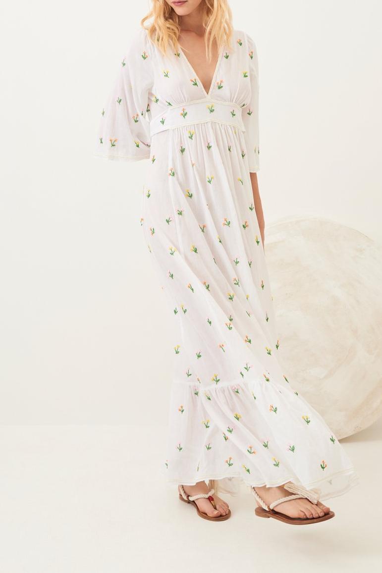 Oriana Embroidered Boho-Chic Maxi Dress - White