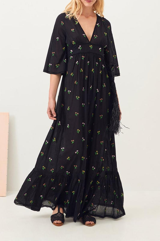 Oriana Embroidered Boho-Chic Maxi Dress - Black