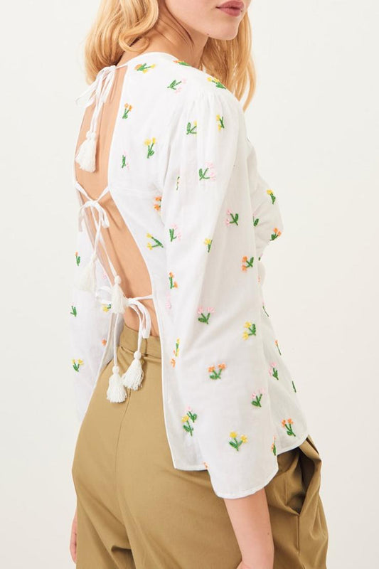 Oriane Embroidered Halter Top - White