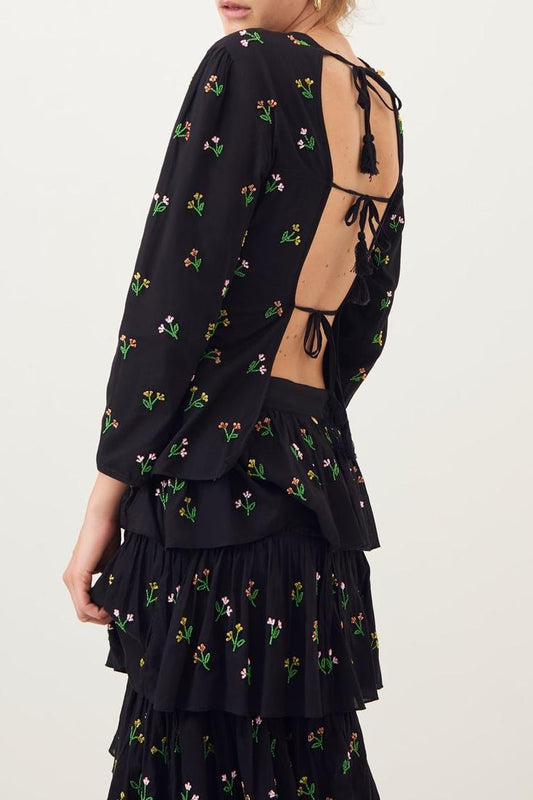 Oriane Embroidered Halter Top - Black