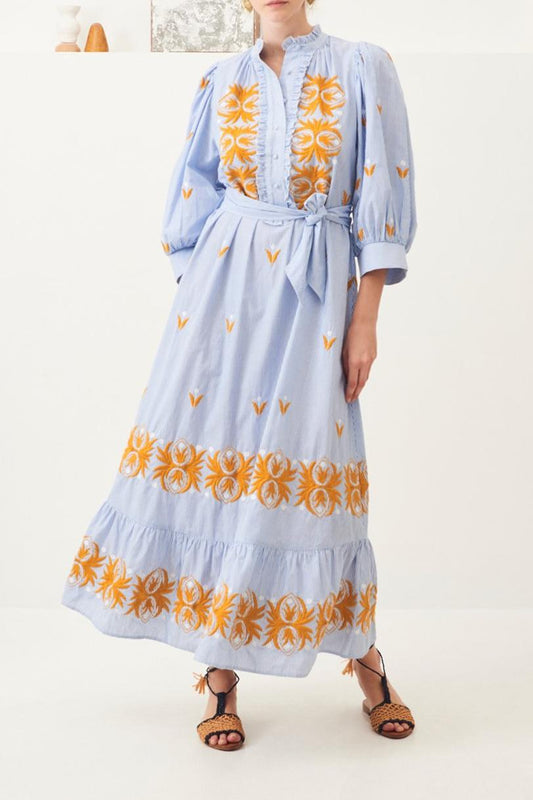 Mexica Embroidered Puffed Sleeve Maxi Dress
