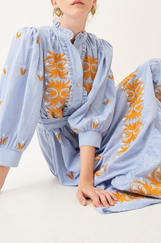 Mexica Embroidered Puffed Sleeve Maxi Dress