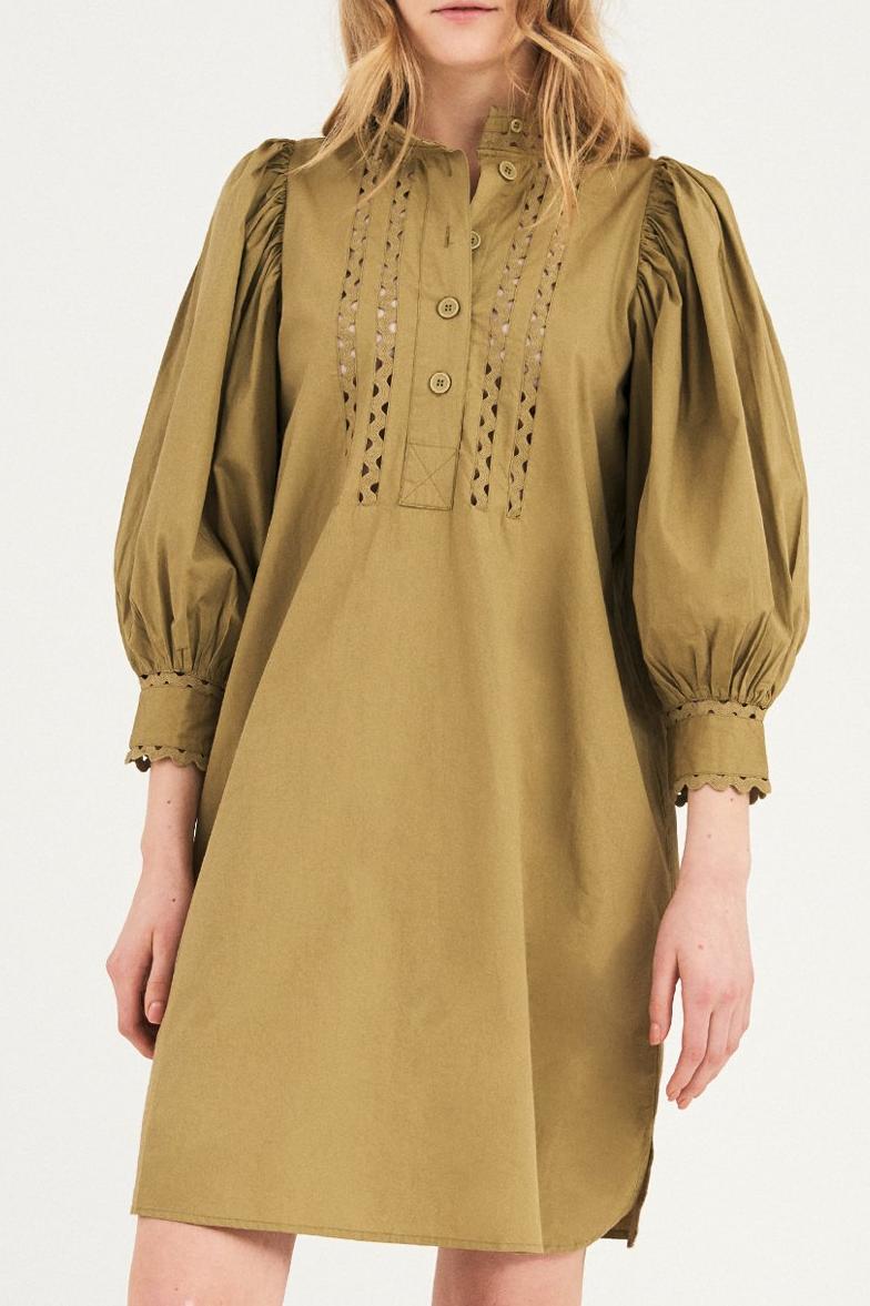 Malia Puffed Sleeve Poplin Mini Dress - Khaki