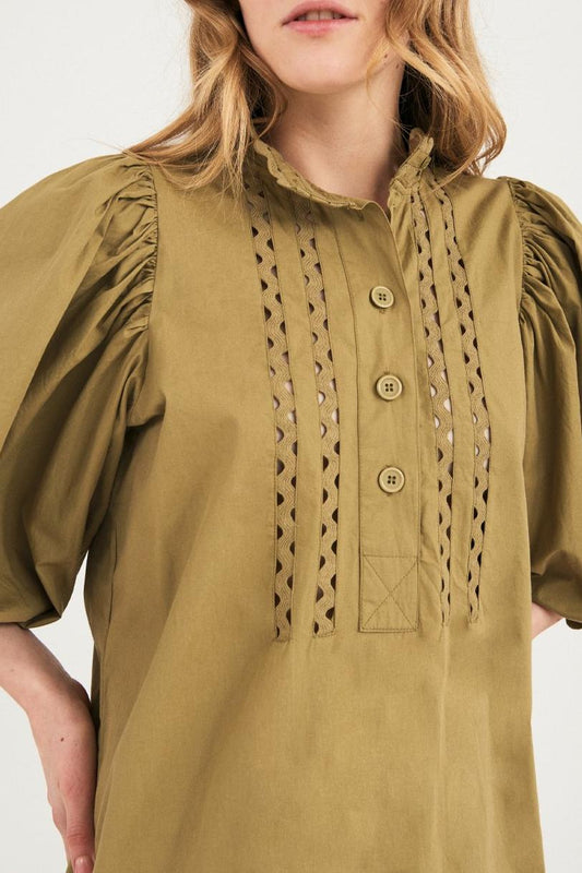 Malia Puffed Sleeve Poplin Mini Dress - Khaki