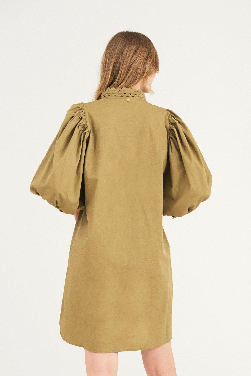 Malia Puffed Sleeve Poplin Mini Dress - Khaki