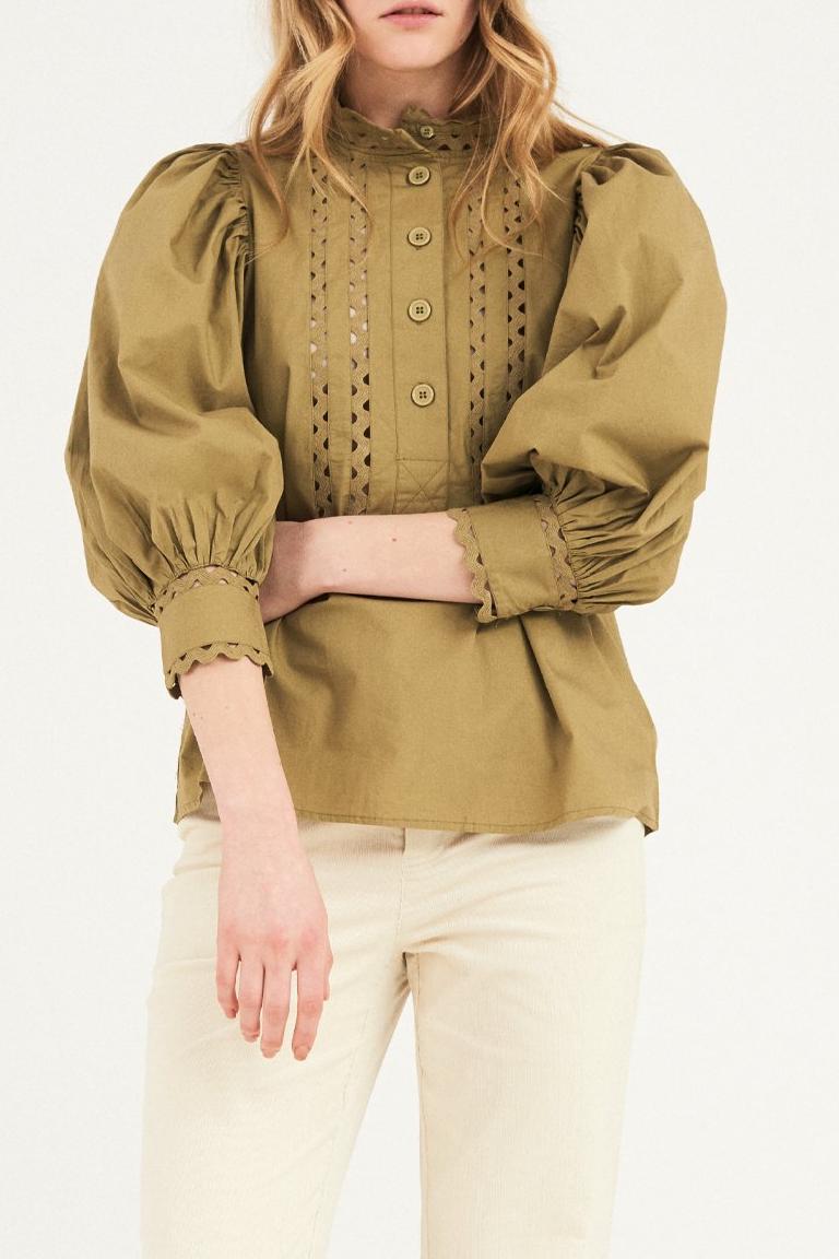 Malia Puffed Sleeve Poplin Blouse - Khaki