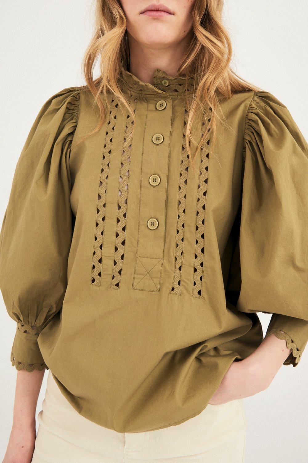 Malia Puffed Sleeve Poplin Blouse - Khaki