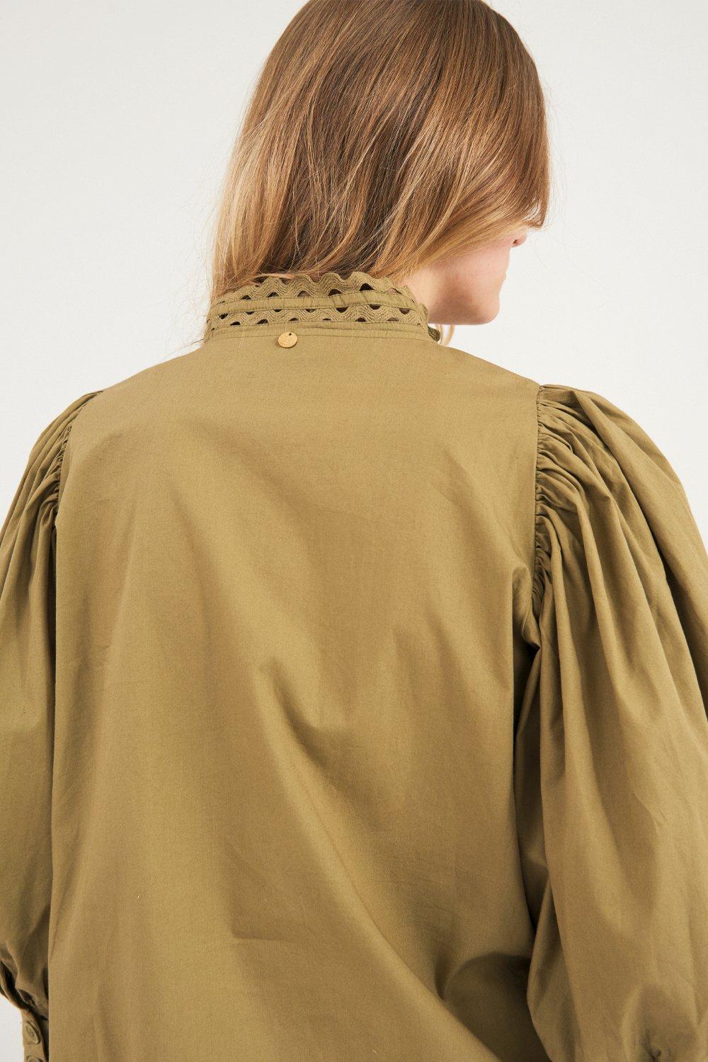 Malia Puffed Sleeve Poplin Blouse - Khaki