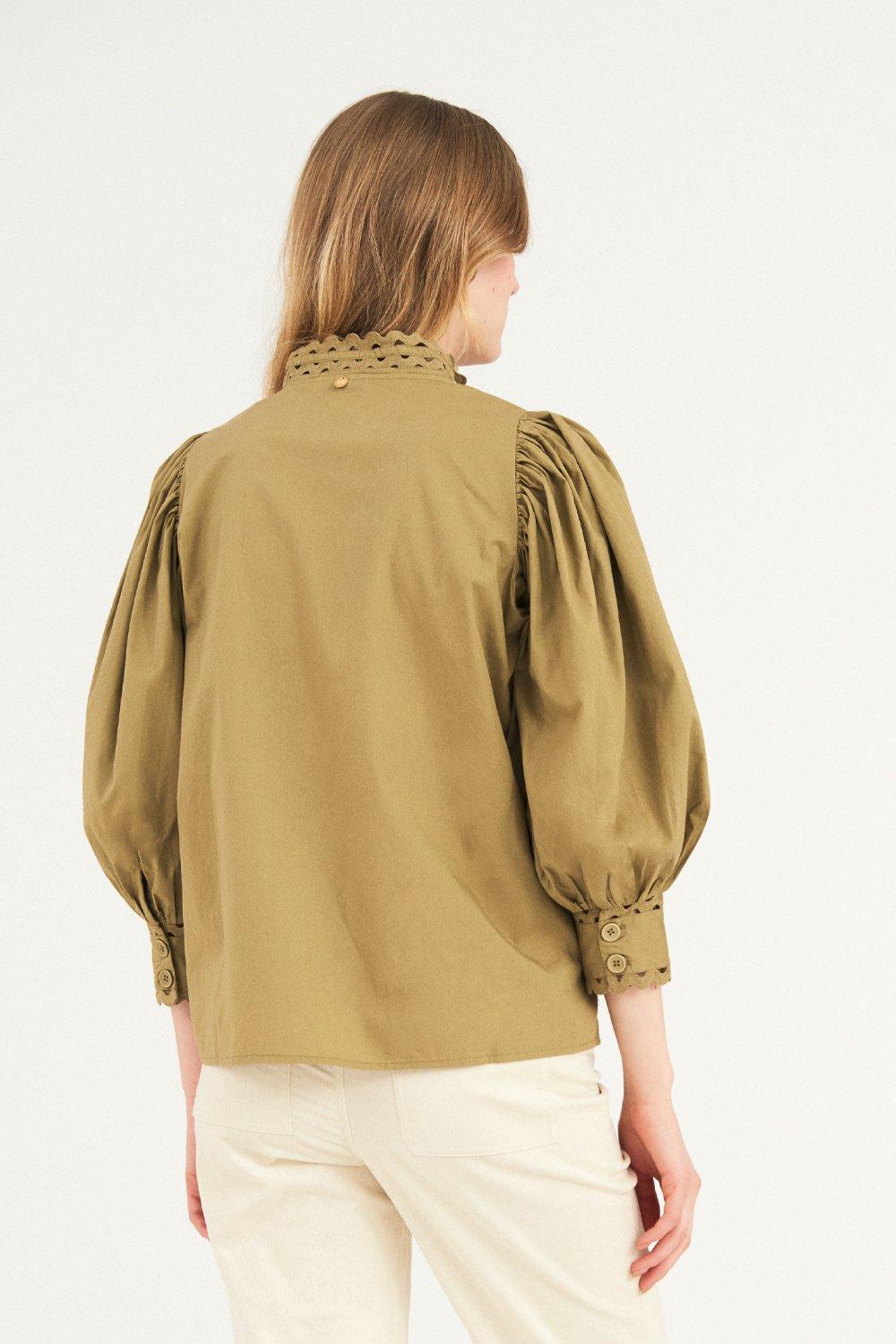 Malia Puffed Sleeve Poplin Blouse - Khaki