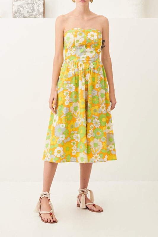 Lorette Strapless Midi Dress - Yellow