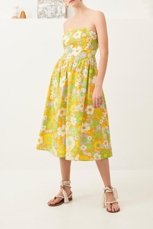 Lorette Strapless Midi Dress - Yellow