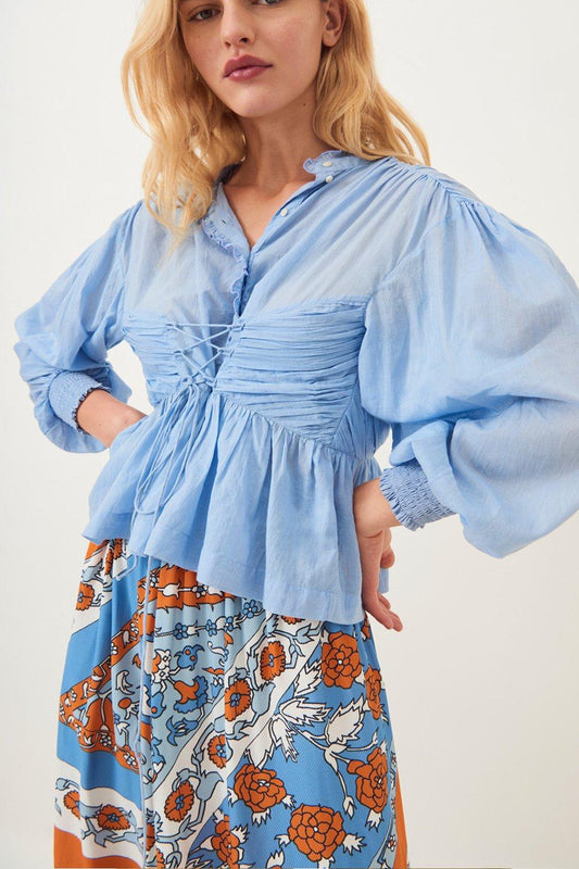 Lary Flowing Lace-Up Blouse - Sky Blue