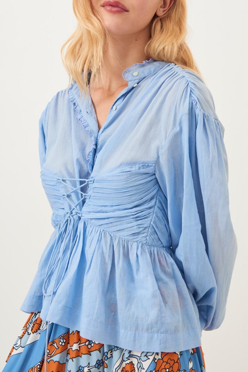 Lary Flowing Lace-Up Blouse - Sky Blue