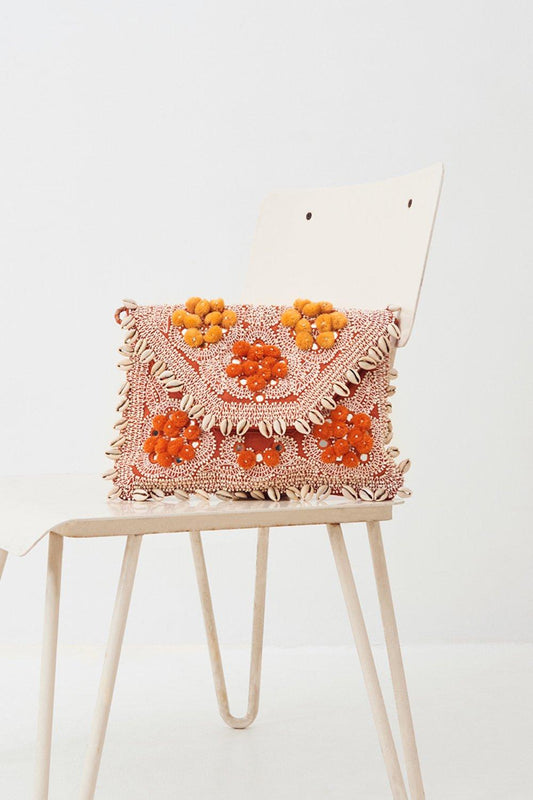 Jolie Seashell-Embroidered Clutch - Orange
