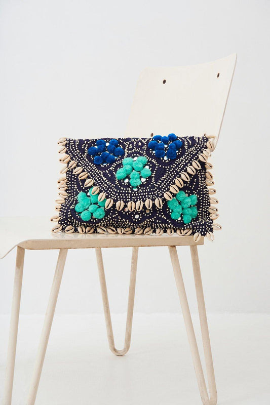 Jolie Seashell-Embroidered Clutch - Blue