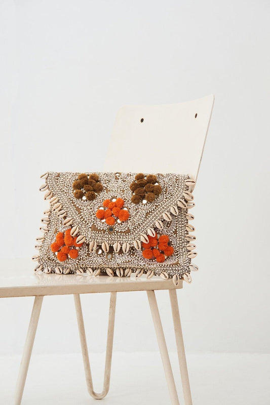 Jolie Seashell-Embroidered Clutch - Brown