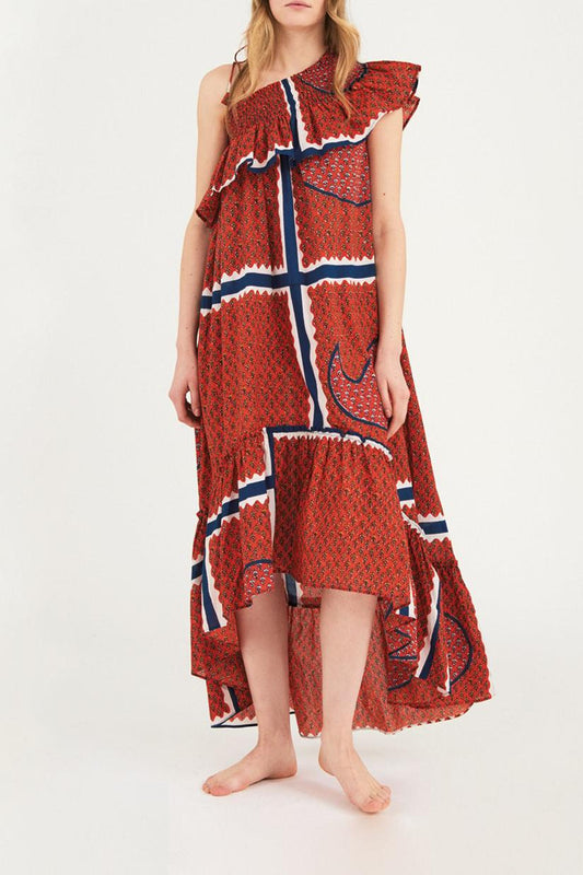 Gisele Asymmetrical Cotton Maxi Dress - Red