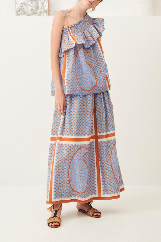 Gisele Flowing Printed Cotton Skirt - Sky Blue