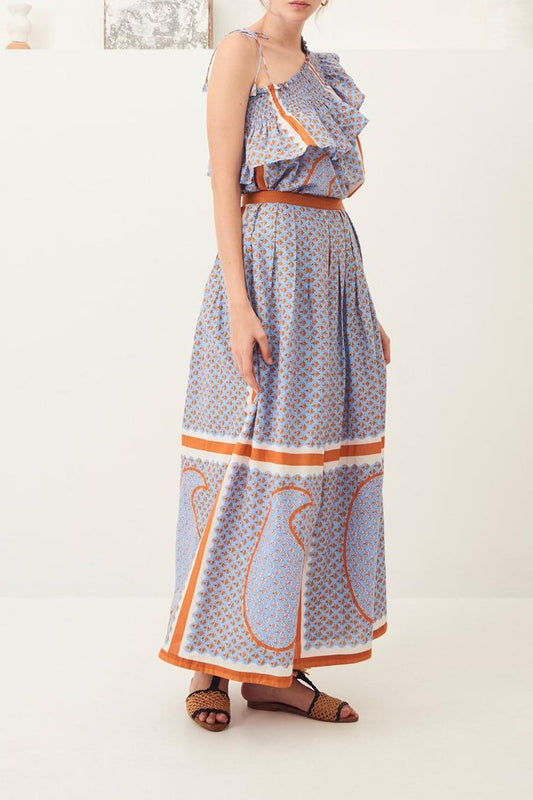 Gisele Flowing Printed Cotton Skirt - Sky Blue