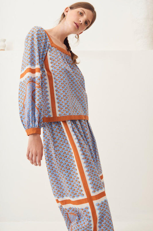 Gisele Flared Cotton Blouse - Sky Blue