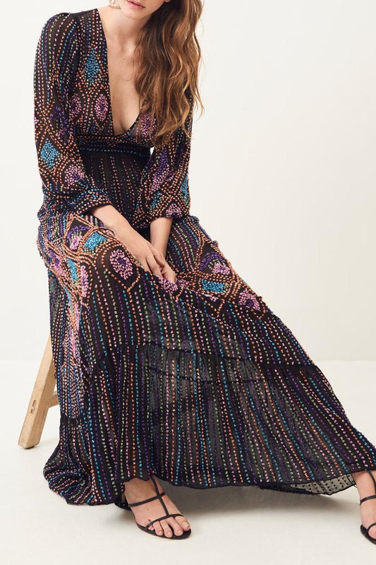 Emilia Embroidered Maxi Dress - Black